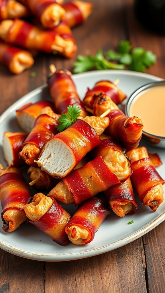 Bacon-wrapped chicken bites on a plate, garnished with herbs and accompanied by dipping sauce.